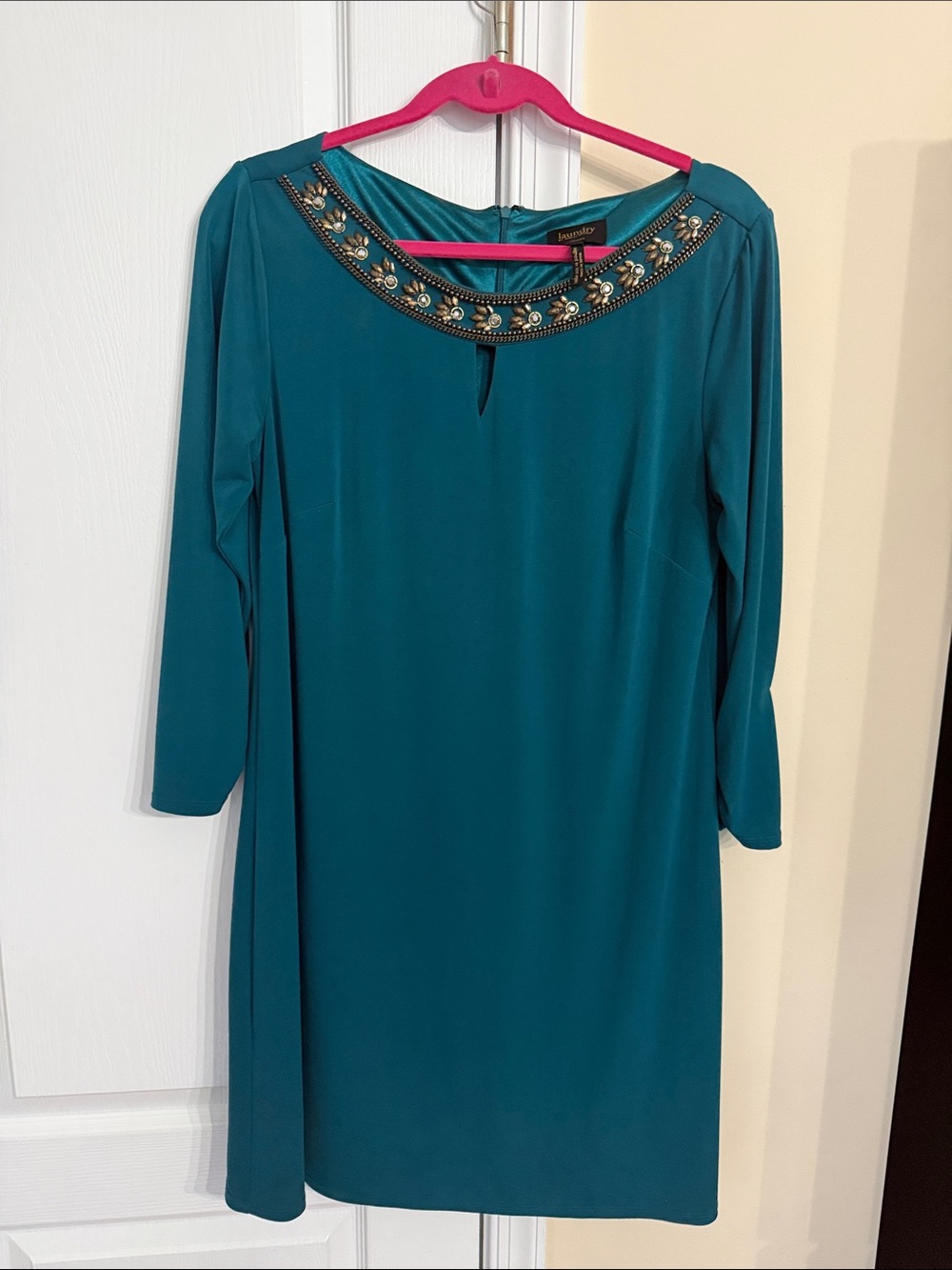 Laundry By Shelli Segal Teal Shift Dress with Beaded Neckline